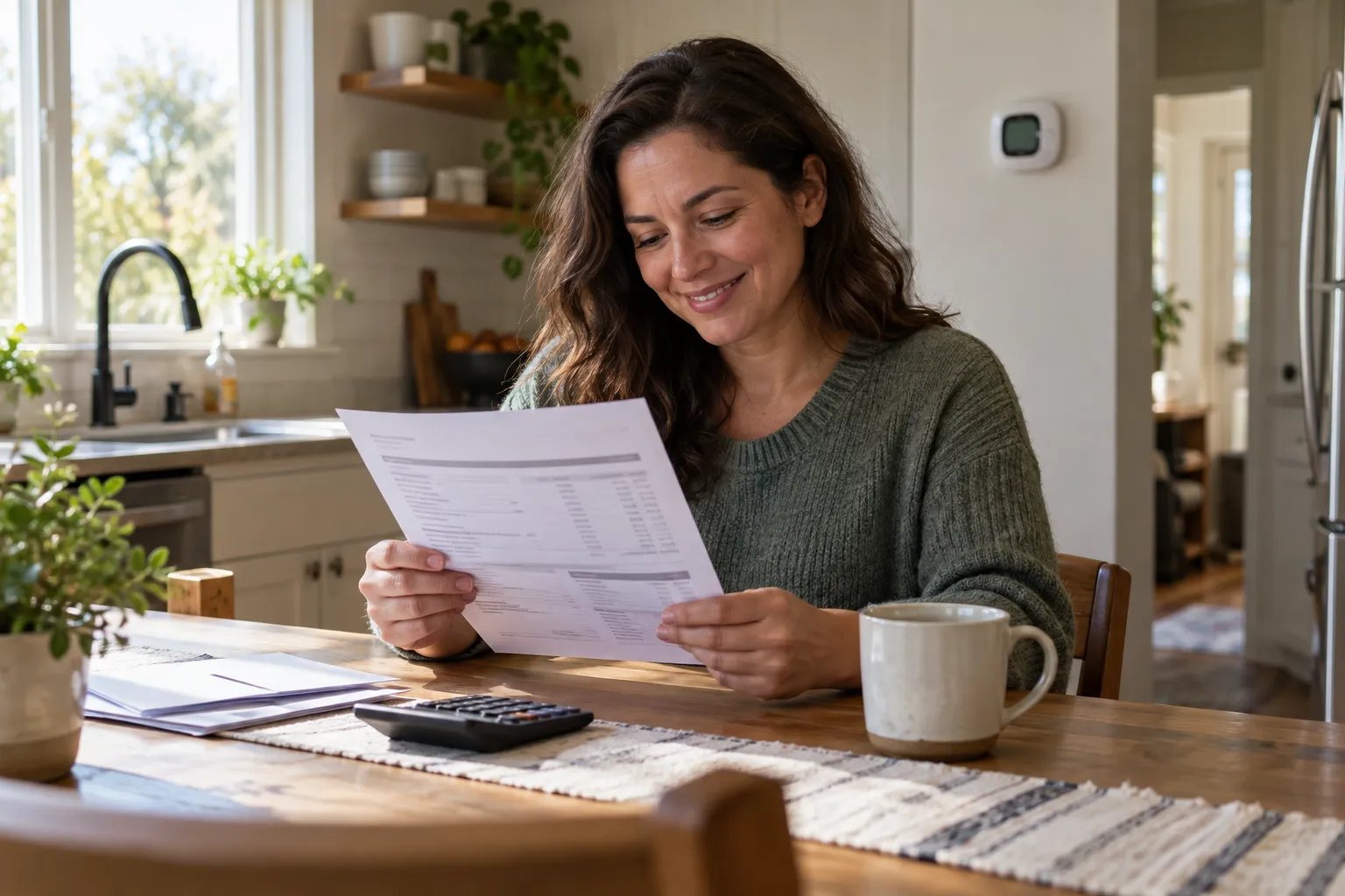 Homeowner reviewing a written AC quote at the kitchen table