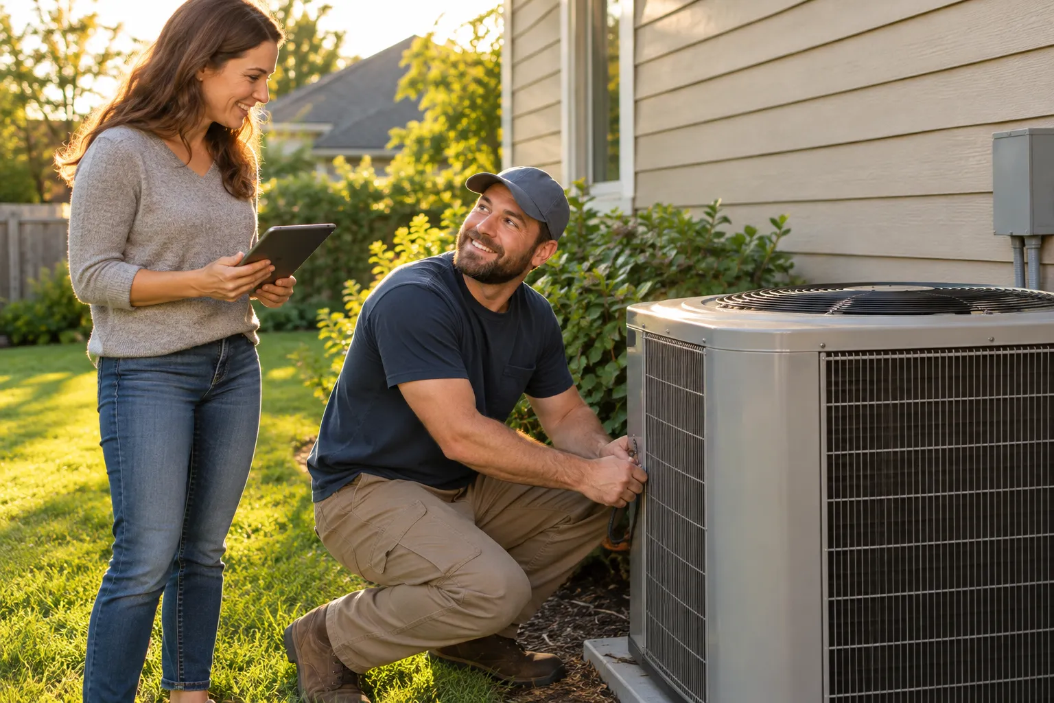 A friendly provider checking an outdoor AC unit beside a house in Novi